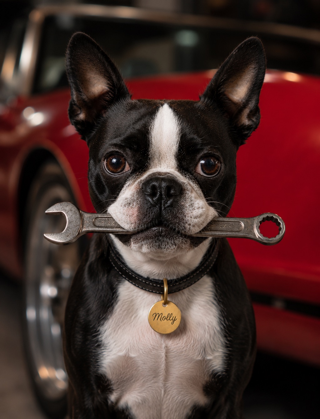 Molly, a Boston terrier, holding a chrome wrench in her mouth, a gold Molly name tag on her collar, a red classic car behind her
