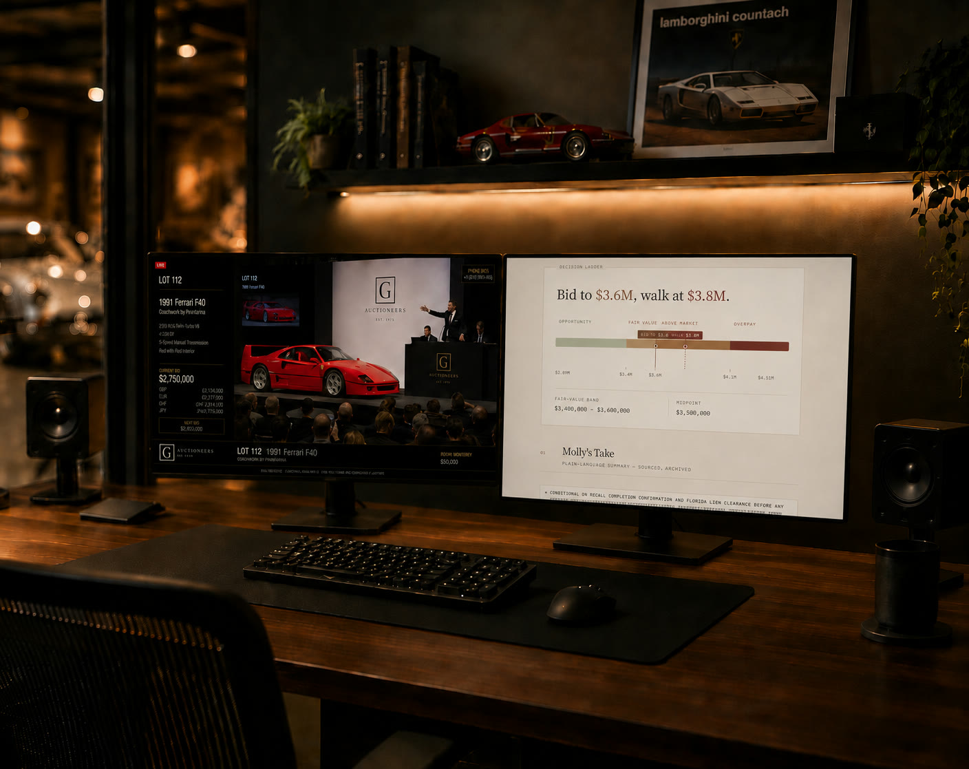 The Molly Report dossier open across two monitors in a study, a bid-to and walk-at verdict on screen