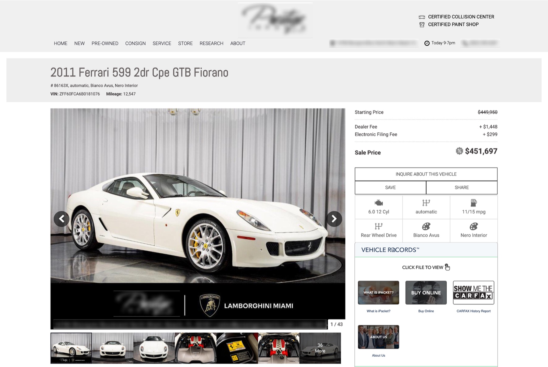 The dealer listing for the 2011 Ferrari 599 GTB Fiorano: starting price $449,950, sale price $451,697, transmission listed as automatic. The dealership's logo and contact details are blurred.